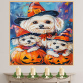 Maltese Dog Halloween Canvas Wall Art with Witch Hat and Pumpkin Rustic Fall Farmhouse Decor for Autumn on Ready to Hang 1.5" Thick Canvas Wrap, Floating Framed Canvas, Flat Rolled Canvas